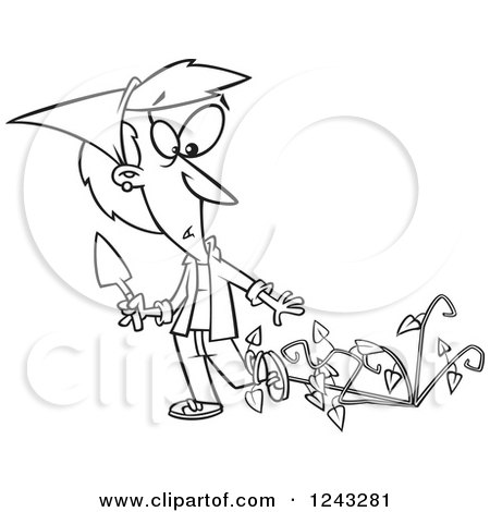 Clipart of a Black and White Cartoon Woman Being Attacked by Bad Weeds - Royalty Free Vector Illustration by toonaday