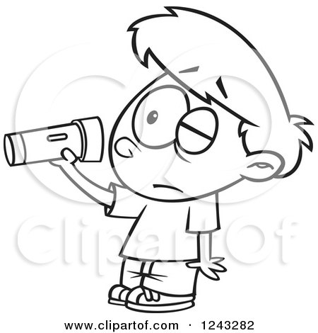 Clipart of a Black and White Cartoon Boy Inspecting a Dim Flashlight - Royalty Free Vector Illustration by toonaday