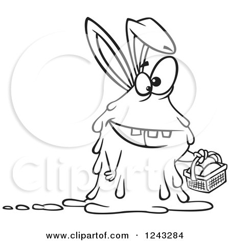 Clipart of a Black and White Cartoon Monster Easter Bunny Rabbit Holding a Basket - Royalty Free Vector Illustration by toonaday