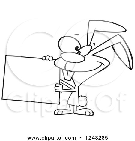 Clipart of a Black and White Cartoon Easter Bunny Rabbit Holding a Blank Sign - Royalty Free Vector Illustration by toonaday