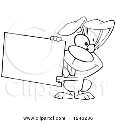 Clipart of a Black and White Cartoon Easter Bunny Rabbit Holding a Sign - Royalty Free Vector Illustration by toonaday