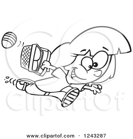 Clipart of a Black and White Cartoon Girl Running with Eggs in an Easter Basket - Royalty Free Vector Illustration by toonaday