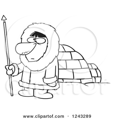 Clipart of a Black and White Cartoon Eskimo Hunter Man by an Igloo - Royalty Free Vector Illustration by toonaday