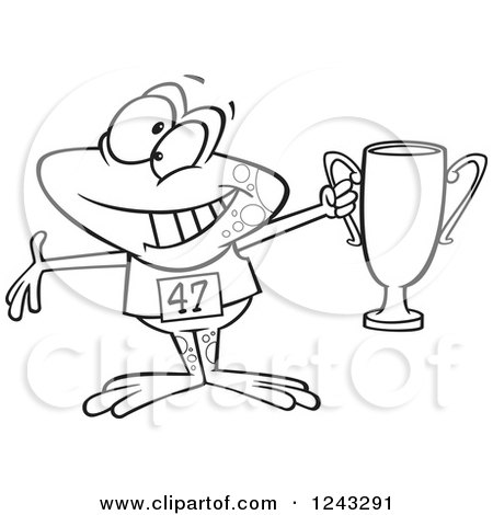 Clipart of a Black and White Cartoon Winner Frog Holding up a Trophy - Royalty Free Vector Illustration by toonaday
