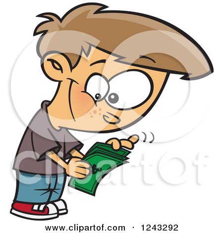Clipart of a Cartoon Caucasian Boy Counting His Allowance Money - Royalty Free Vector Illustration by toonaday