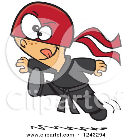 Clipart of a Cartoon Boy Ninja Jumping and Kicking - Royalty Free Vector Illustration by toonaday