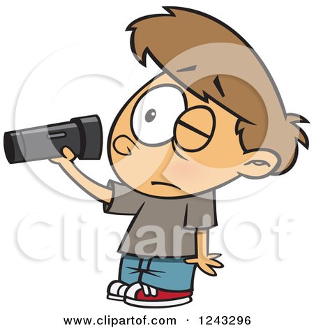Clipart of a Cartoon Caucasian Boy Inspecting a Dim Flashlight - Royalty Free Vector Illustration by toonaday