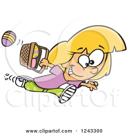 Clipart of a Cartoon Caucasian Girl Running with Eggs in an Easter Basket - Royalty Free Vector Illustration by toonaday