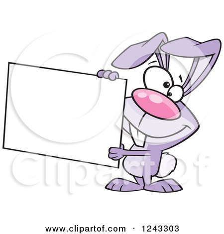 Clipart of a Cartoon Purple Easter Bunny Rabbit Holding a Sign - Royalty Free Vector Illustration by toonaday