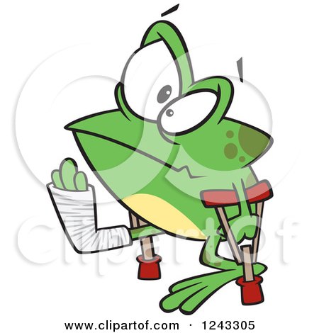 Clipart of a Cartoon Lame Injured Frog with Crutches - Royalty Free Vector Illustration by toonaday