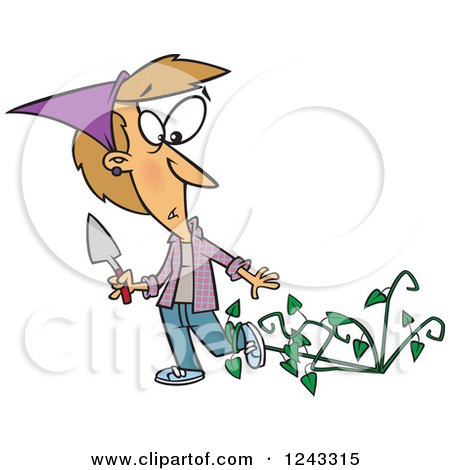 Clipart of a Cartoon Caucasian Woman Being Attacked by Bad Weeds - Royalty Free Vector Illustration by toonaday