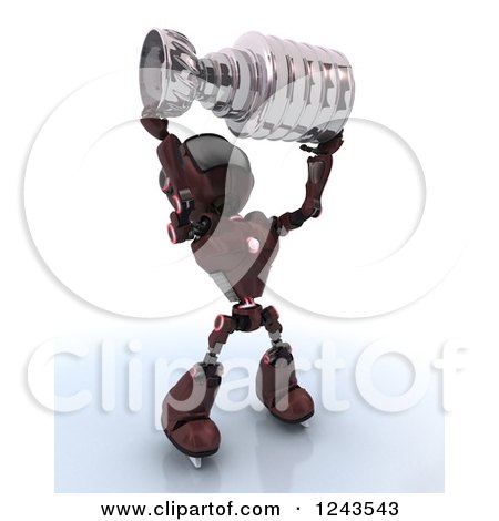 Clipart of a 3d Red Android Robot Ice Hockey Champion Holding up a Trophy - Royalty Free Illustration by KJ Pargeter