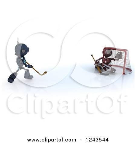 Clipart of 3d Red and Blue Android Robots Playing Hockey 2 - Royalty Free Illustration by KJ Pargeter