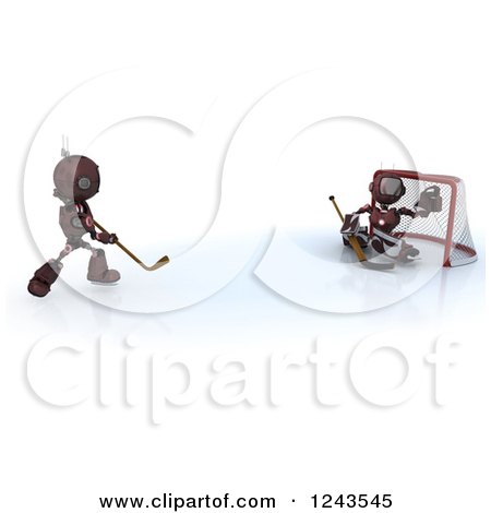 Clipart of 3d Red Android Robots Playing Hockey - Royalty Free Illustration by KJ Pargeter