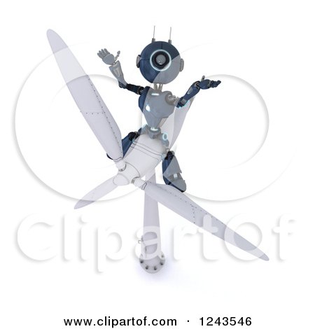 Clipart of a 3d Blue Android Robot Sitting on a Wind Turbine - Royalty Free Illustration by KJ Pargeter