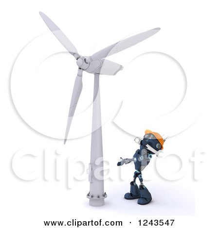 Clipart of a 3d Blue Android Robot Technician Working on a Wind Turbine - Royalty Free Illustration by KJ Pargeter