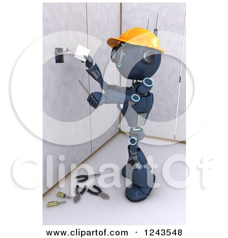 Clipart of a 3d Blue Android Construction Robot Installing an Electrical Socket 4 - Royalty Free Illustration by KJ Pargeter
