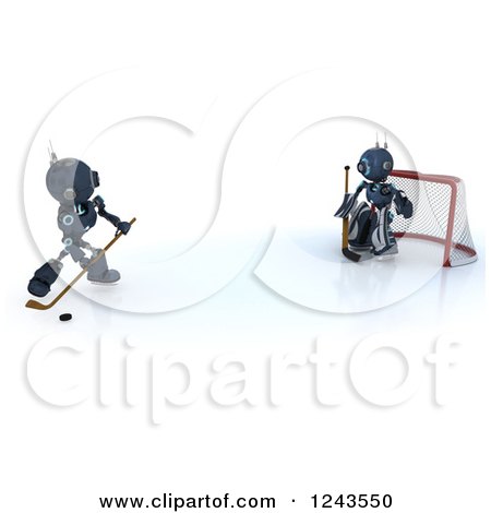 Clipart of 3d Blue Android Robots Playing Hockey - Royalty Free Illustration by KJ Pargeter
