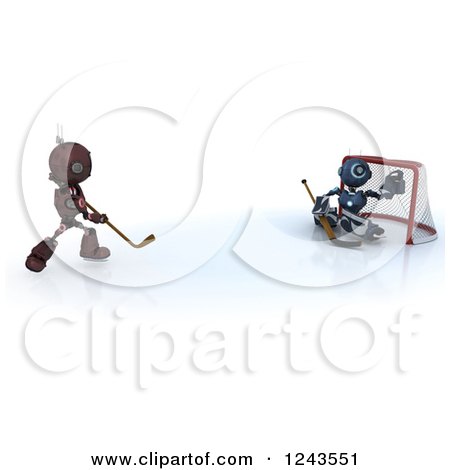 Clipart of 3d Red and Blue Android Robots Playing Hockey - Royalty Free Illustration by KJ Pargeter