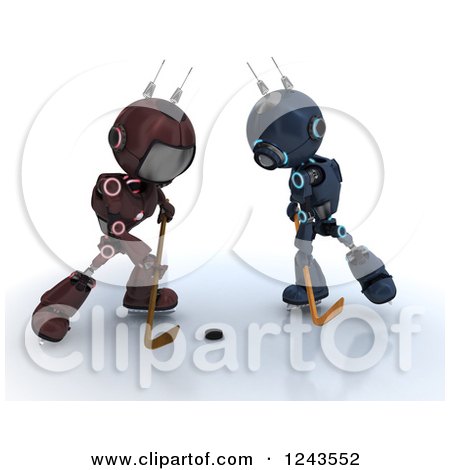 Clipart of 3d Red and Blue Android Robots Playing Hockey 3 - Royalty Free Illustration by KJ Pargeter