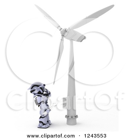 Clipart of a 3d Robot Technician Working on a Wind Turbine - Royalty Free Illustration by KJ Pargeter