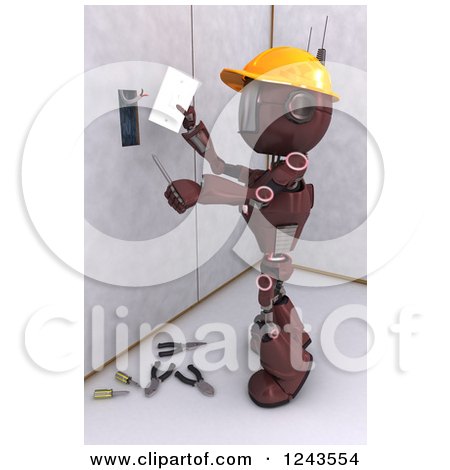 Clipart of a 3d Red Android Construction Robot Installing an Electrical Socket 4 - Royalty Free Illustration by KJ Pargeter