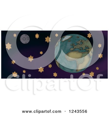 Clipart of a 3d Sewn Earth Moon and Stars - Royalty Free Illustration by KJ Pargeter
