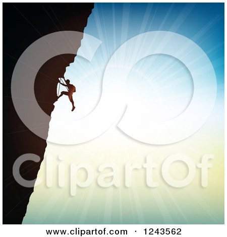 Clipart of a Silhouetted Rock Climber and Bright Sunshine - Royalty Free Vector Illustration by KJ Pargeter