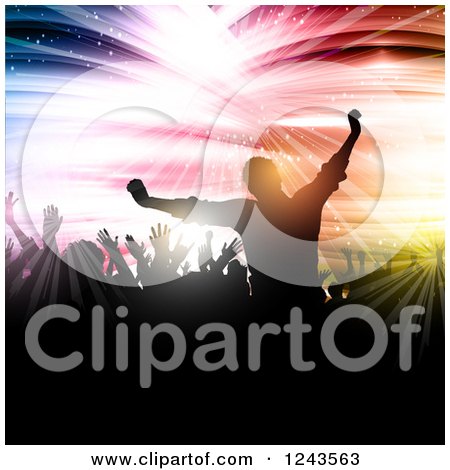 Clipart of a Silhouetted Cheering Crowd over Colorful Shooting Lights - Royalty Free Vector Illustration by KJ Pargeter