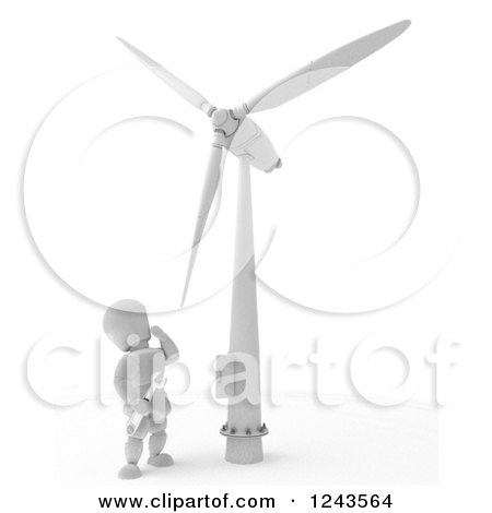 Clipart of a 3d White Character Technician Working on a Wind Turbine - Royalty Free Illustration by KJ Pargeter