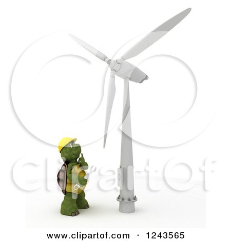 Clipart of a 3d Tortoise Technician Working on a Wind Turbine - Royalty Free Illustration by KJ Pargeter