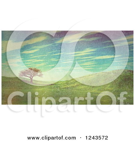 Clipart of a 3d Landscape of Hills with One Tree and Retro Filtering - Royalty Free Illustration by KJ Pargeter