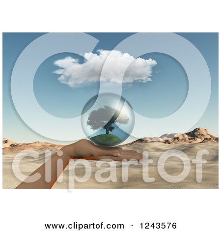 Clipart of a 3d Hand Holding a Tree in a Sphere over a Desert Landscape - Royalty Free Illustration by KJ Pargeter