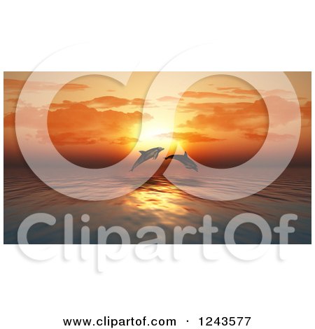 Clipart of 3d Leaping Dolphins Against an Orange Ocean Sunset - Royalty Free Illustration by KJ Pargeter