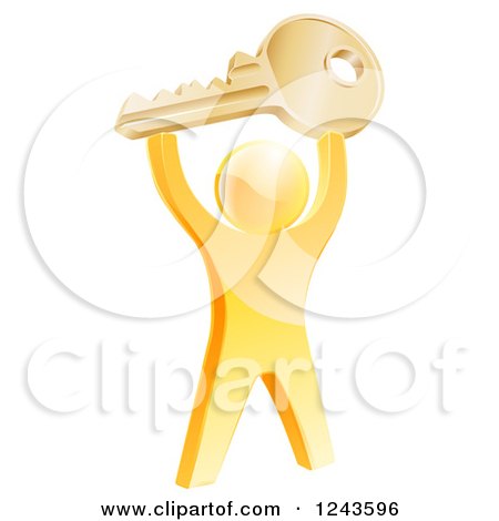 Clipart of a 3d Successful Gold Man Holding up a House Key - Royalty Free Vector Illustration by AtStockIllustration