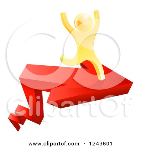 Clipart of a 3d Gold Man Cheering and Running on an Arrow - Royalty Free Vector Illustration by AtStockIllustration