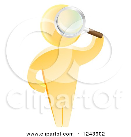 Clipart of a 3d Gold Man Looking up Through a Magnifying Glass - Royalty Free Vector Illustration by AtStockIllustration