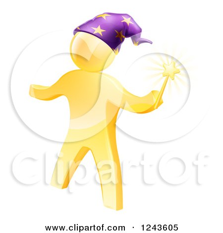 Clipart of a 3d Gold Man Wizard with a Magic Wand - Royalty Free Vector Illustration by AtStockIllustration