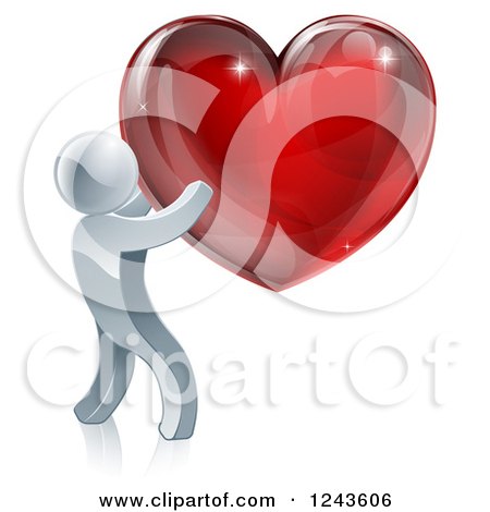 Clipart of a 3d Silver Man Holding a Red Heart - Royalty Free Vector Illustration by AtStockIllustration