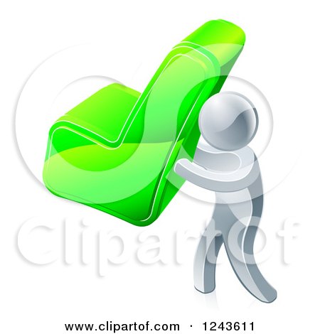 Clipart of a 3d Silver Man Carrying a Green Check Mark - Royalty Free Vector Illustration by AtStockIllustration
