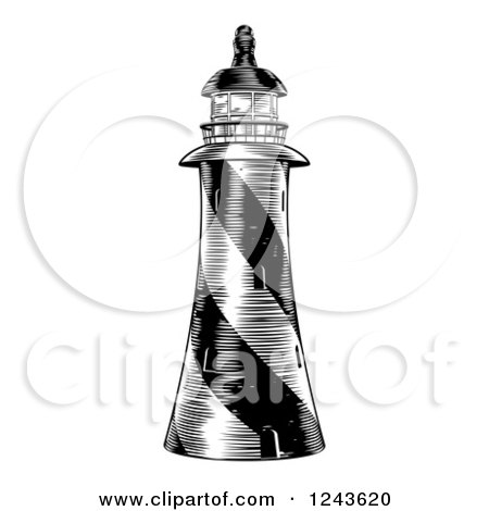 Clipart of a Black and White Engraved Striped Lighthouse - Royalty Free Vector Illustration by AtStockIllustration