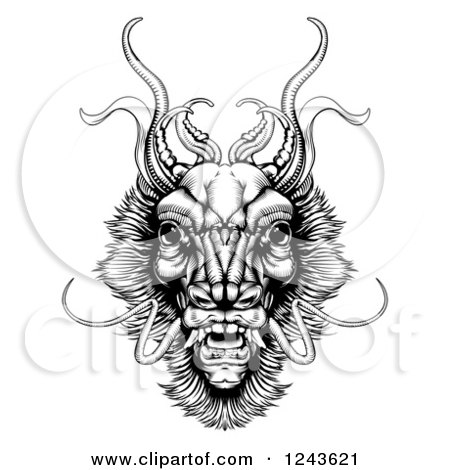 Clipart of a Black and White Woodcut Monster Dragon Head - Royalty Free Vector Illustration by AtStockIllustration