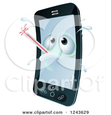 Clipart of a 3d Sweaty Cell Phone Character Sick with a Fever and Thermometer - Royalty Free Vector Illustration by AtStockIllustration