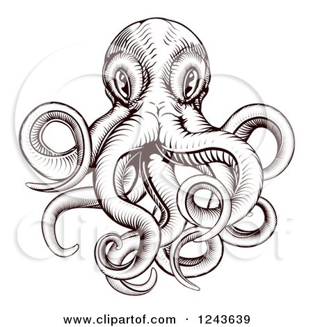 Clipart of a Brown Woodblock Octopus - Royalty Free Vector Illustration by AtStockIllustration