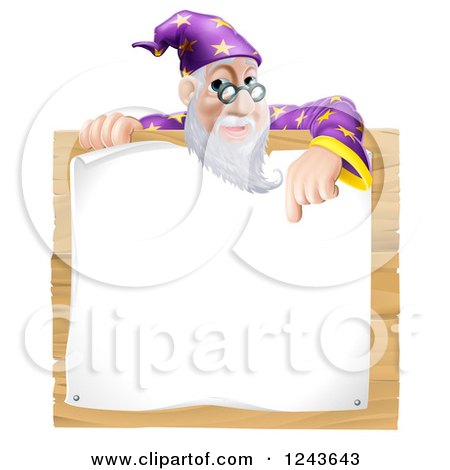 Clipart of a Senior Wizard Pointing down to a Posted Notice Sign on Wood - Royalty Free Vector Illustration by AtStockIllustration