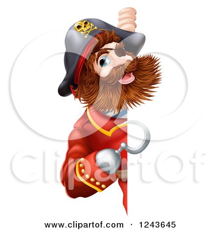 Clipart of a Pirate Captain with a Hook Hand, Looking Around a Sign - Royalty Free Vector Illustration by AtStockIllustration