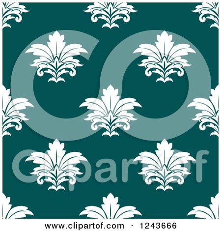 Clipart of a Seamless Background Pattern of White and Teal Damask Floral - Royalty Free Vector Illustration by Vector Tradition SM
