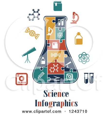 Clipart of Science Infographics Text with Icons and Puzzle Pieces Forming a Beaker - Royalty Free Vector Illustration by Vector Tradition SM