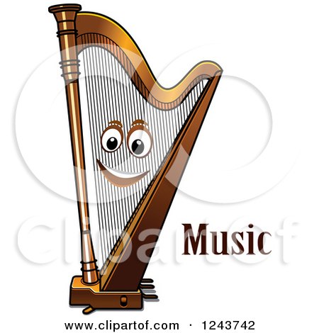 Clipart of a Happy Harp Character with Music Text - Royalty Free Vector Illustration by Vector Tradition SM