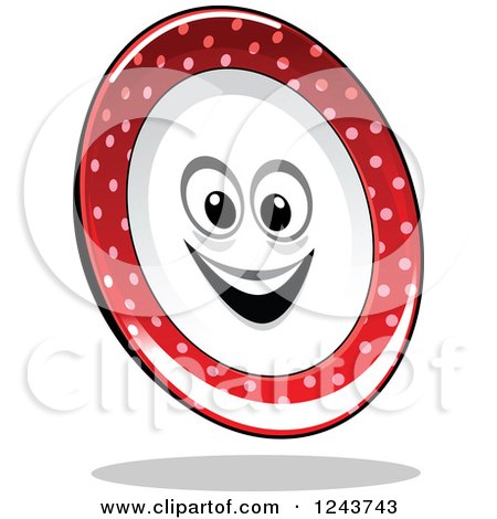 Clipart of a Happy Red and White Polka Dot Plate - Royalty Free Vector Illustration by Vector Tradition SM